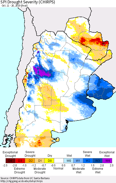 Southern South America SPI Drought Severity (CHIRPS) Thematic Map For 10/11/2019 - 10/20/2019
