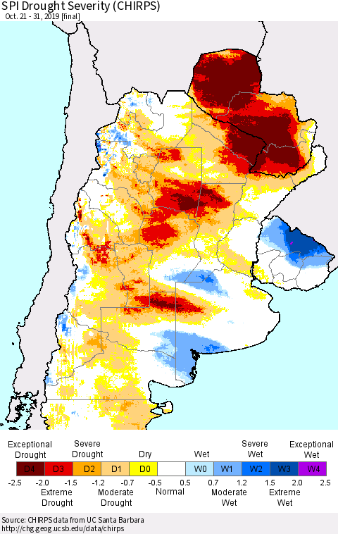 Southern South America SPI Drought Severity (CHIRPS) Thematic Map For 10/21/2019 - 10/31/2019