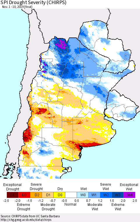 Southern South America SPI Drought Severity (CHIRPS) Thematic Map For 11/1/2019 - 11/10/2019