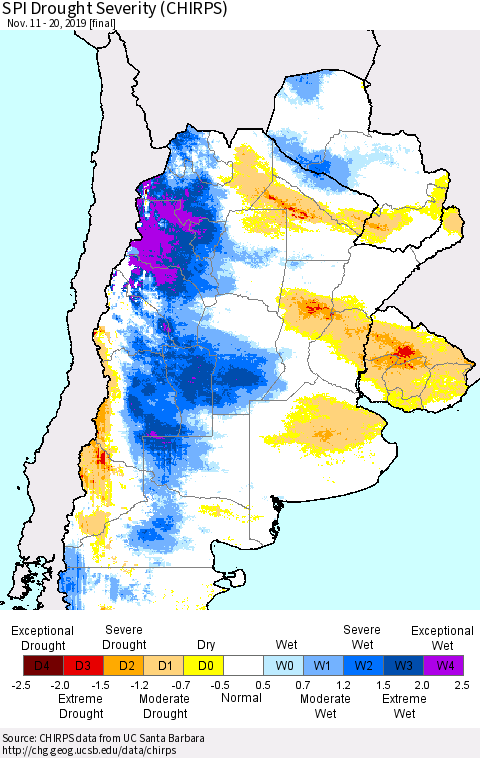 Southern South America SPI Drought Severity (CHIRPS) Thematic Map For 11/11/2019 - 11/20/2019