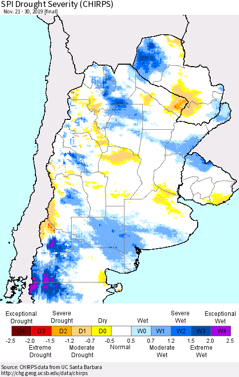 Southern South America SPI Drought Severity (CHIRPS) Thematic Map For 11/21/2019 - 11/30/2019