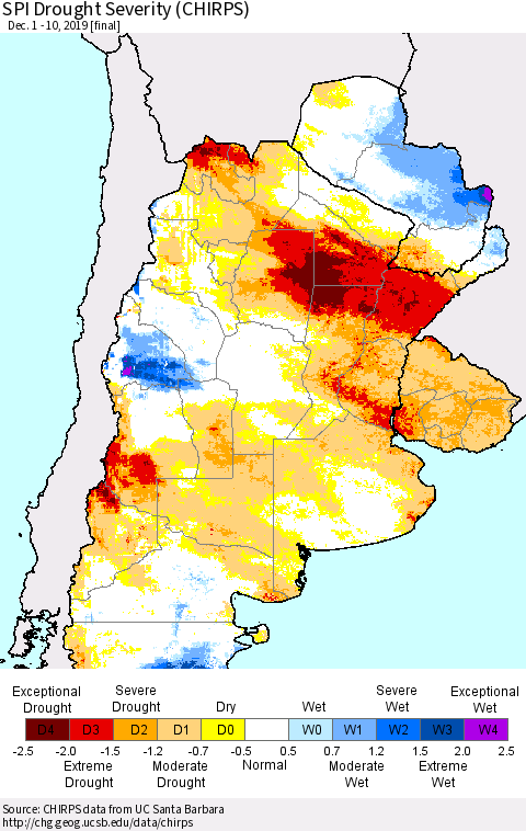 Southern South America SPI Drought Severity (CHIRPS) Thematic Map For 12/1/2019 - 12/10/2019