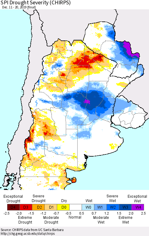Southern South America SPI Drought Severity (CHIRPS) Thematic Map For 12/11/2019 - 12/20/2019