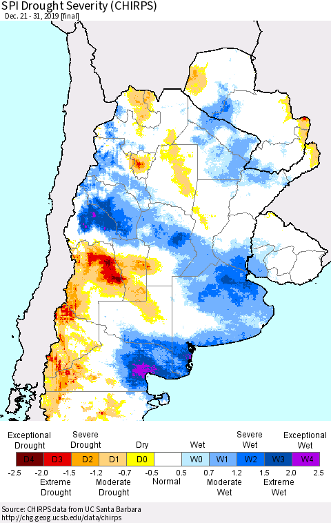 Southern South America SPI Drought Severity (CHIRPS) Thematic Map For 12/21/2019 - 12/31/2019