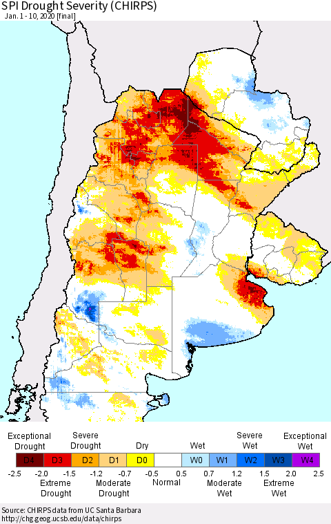 Southern South America SPI Drought Severity (CHIRPS) Thematic Map For 1/1/2020 - 1/10/2020