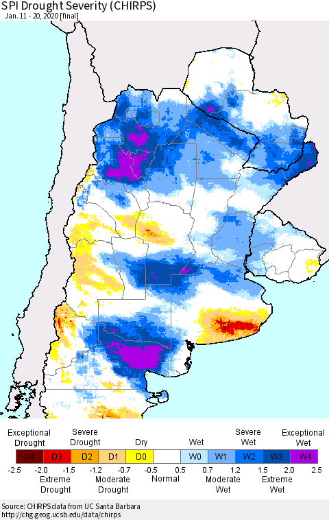 Southern South America SPI Drought Severity (CHIRPS) Thematic Map For 1/11/2020 - 1/20/2020