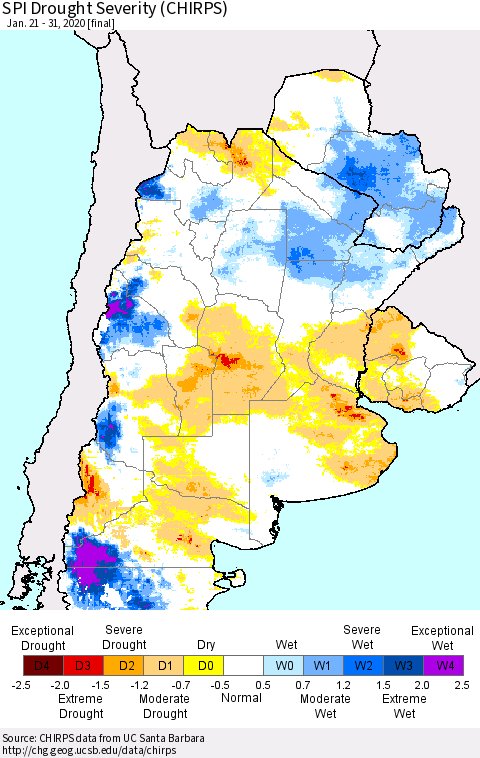 Southern South America SPI Drought Severity (CHIRPS) Thematic Map For 1/21/2020 - 1/31/2020