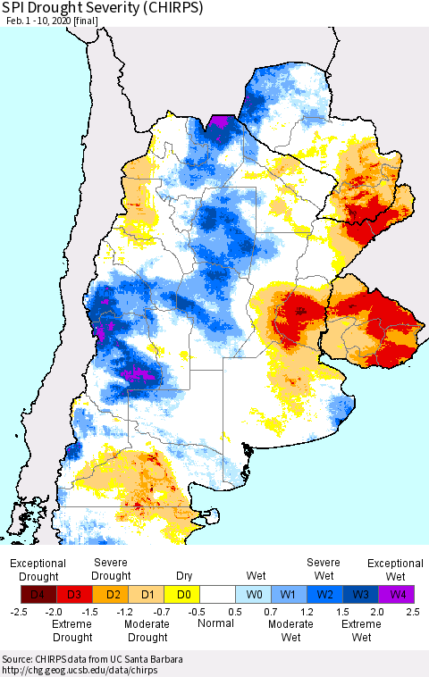 Southern South America SPI Drought Severity (CHIRPS) Thematic Map For 2/1/2020 - 2/10/2020