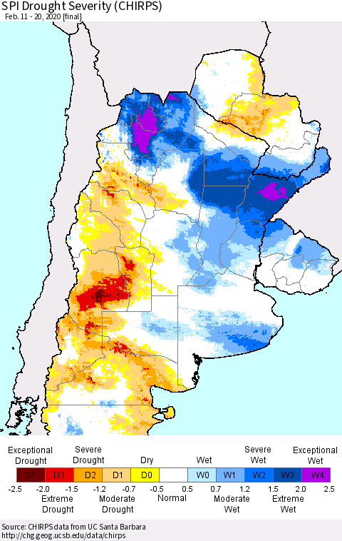 Southern South America SPI Drought Severity (CHIRPS) Thematic Map For 2/11/2020 - 2/20/2020