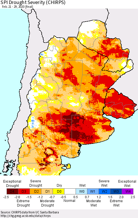 Southern South America SPI Drought Severity (CHIRPS) Thematic Map For 2/21/2020 - 2/29/2020