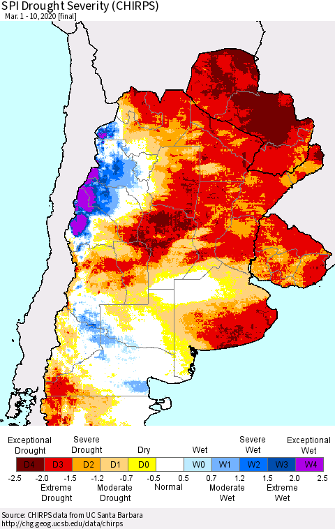 Southern South America SPI Drought Severity (CHIRPS) Thematic Map For 3/1/2020 - 3/10/2020