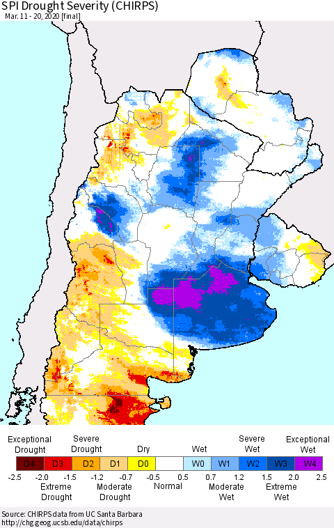 Southern South America SPI Drought Severity (CHIRPS) Thematic Map For 3/11/2020 - 3/20/2020