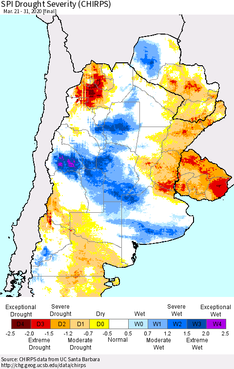 Southern South America SPI Drought Severity (CHIRPS) Thematic Map For 3/21/2020 - 3/31/2020