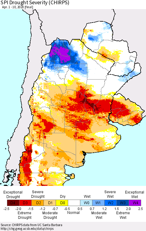 Southern South America SPI Drought Severity (CHIRPS) Thematic Map For 4/1/2020 - 4/10/2020