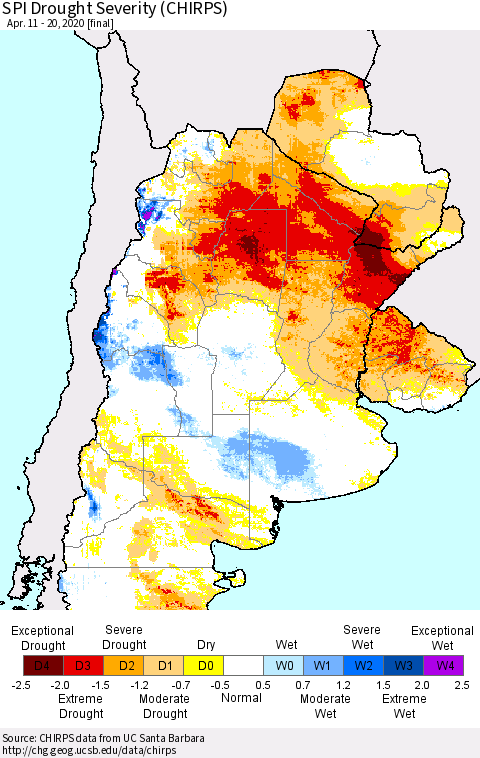 Southern South America SPI Drought Severity (CHIRPS) Thematic Map For 4/11/2020 - 4/20/2020