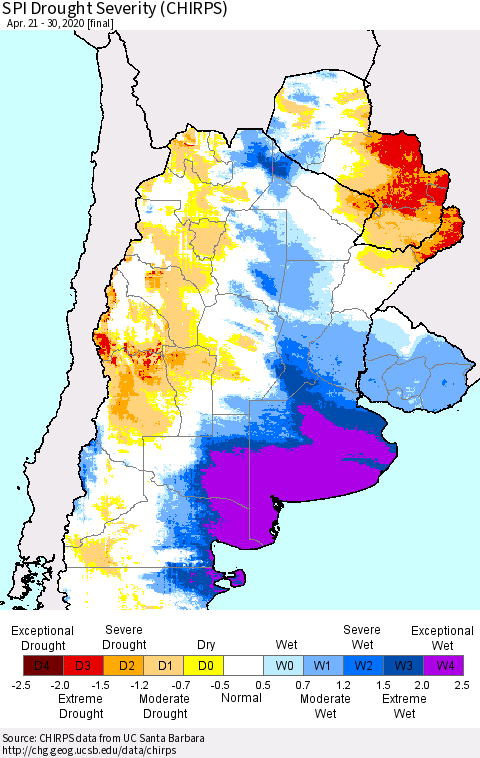 Southern South America SPI Drought Severity (CHIRPS) Thematic Map For 4/21/2020 - 4/30/2020