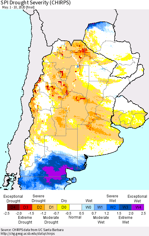 Southern South America SPI Drought Severity (CHIRPS) Thematic Map For 5/1/2020 - 5/10/2020