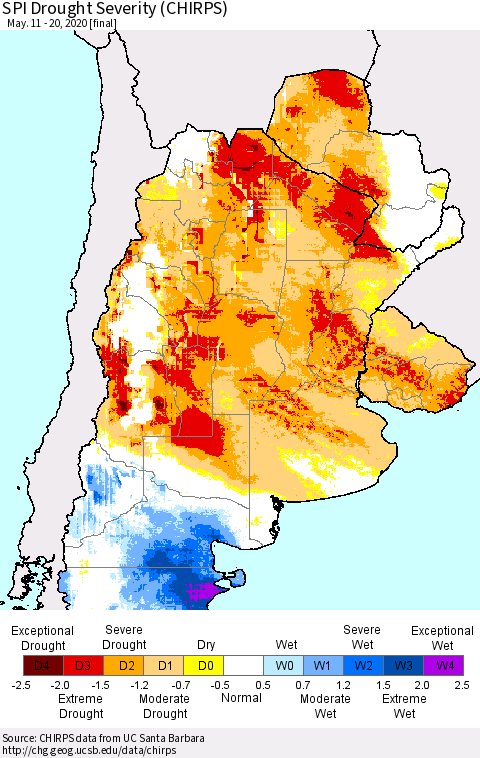 Southern South America SPI Drought Severity (CHIRPS) Thematic Map For 5/11/2020 - 5/20/2020