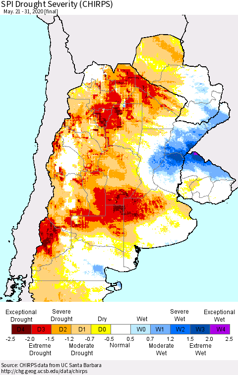 Southern South America SPI Drought Severity (CHIRPS) Thematic Map For 5/21/2020 - 5/31/2020
