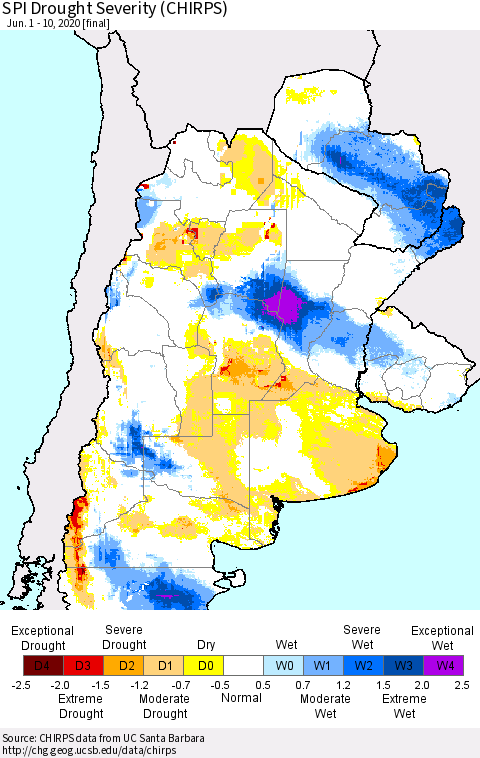 Southern South America SPI Drought Severity (CHIRPS) Thematic Map For 6/1/2020 - 6/10/2020