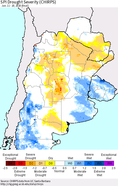 Southern South America SPI Drought Severity (CHIRPS) Thematic Map For 6/11/2020 - 6/20/2020