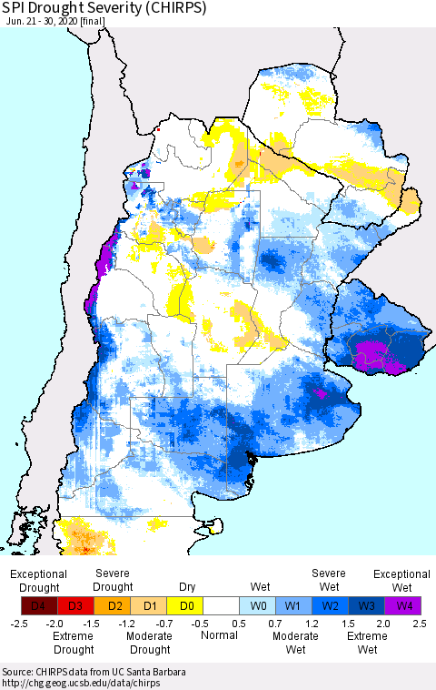 Southern South America SPI Drought Severity (CHIRPS) Thematic Map For 6/21/2020 - 6/30/2020