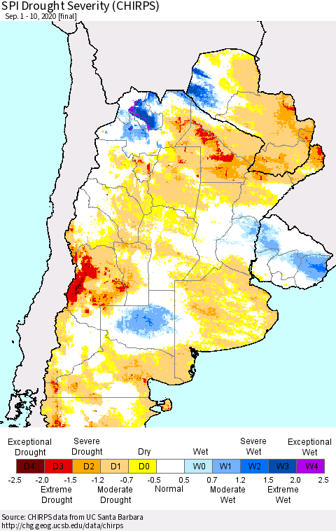 Southern South America SPI Drought Severity (CHIRPS) Thematic Map For 9/1/2020 - 9/10/2020