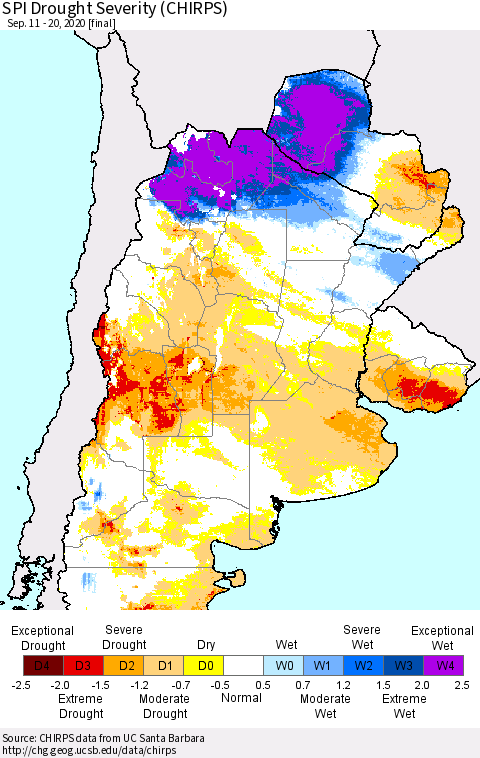 Southern South America SPI Drought Severity (CHIRPS) Thematic Map For 9/11/2020 - 9/20/2020