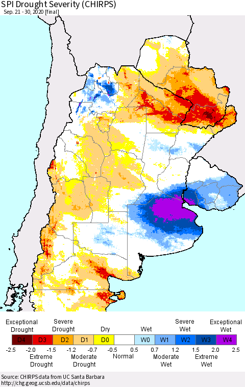 Southern South America SPI Drought Severity (CHIRPS) Thematic Map For 9/21/2020 - 9/30/2020