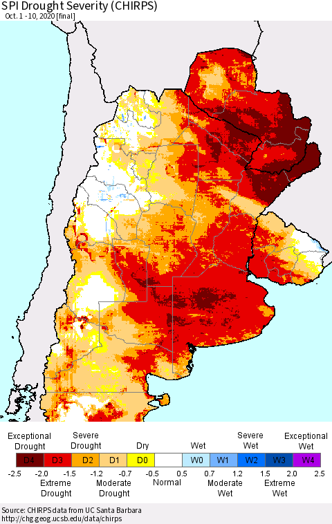 Southern South America SPI Drought Severity (CHIRPS) Thematic Map For 10/1/2020 - 10/10/2020