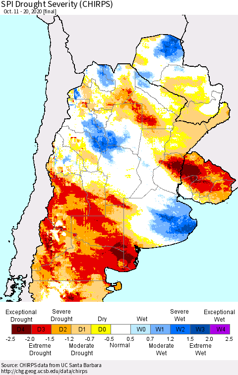 Southern South America SPI Drought Severity (CHIRPS) Thematic Map For 10/11/2020 - 10/20/2020