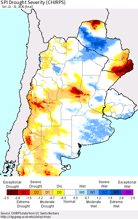Southern South America SPI Drought Severity (CHIRPS) Thematic Map For 10/21/2020 - 10/31/2020