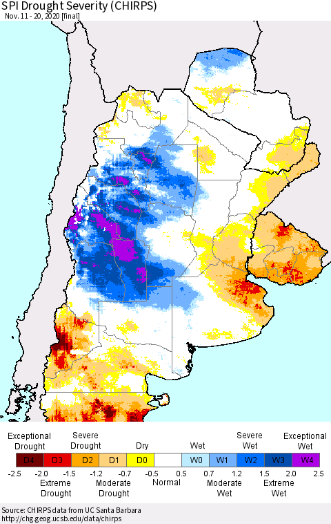 Southern South America SPI Drought Severity (CHIRPS) Thematic Map For 11/11/2020 - 11/20/2020