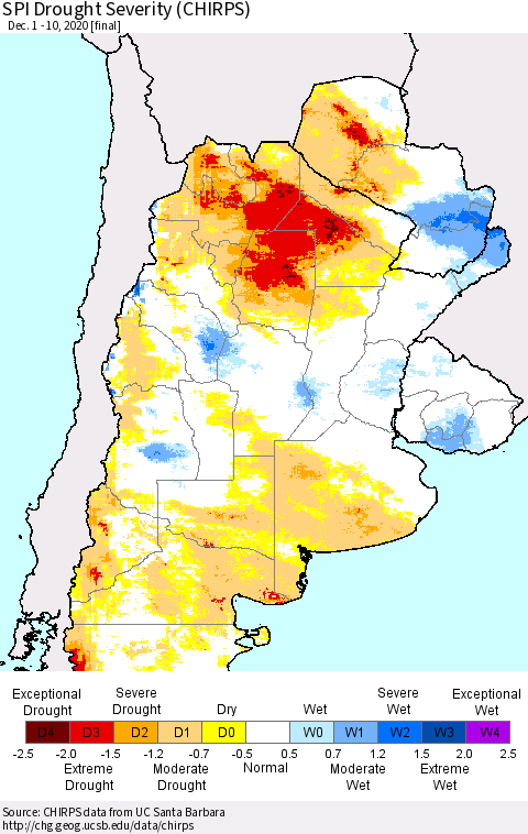 Southern South America SPI Drought Severity (CHIRPS) Thematic Map For 12/1/2020 - 12/10/2020