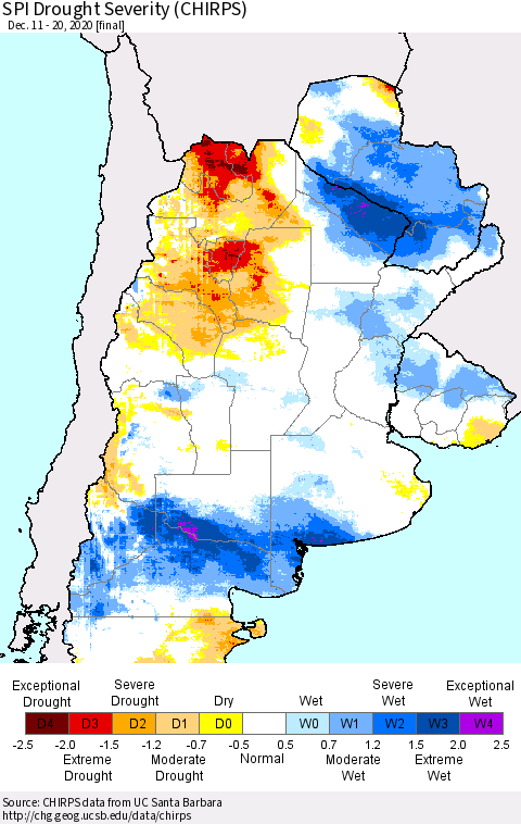 Southern South America SPI Drought Severity (CHIRPS) Thematic Map For 12/11/2020 - 12/20/2020