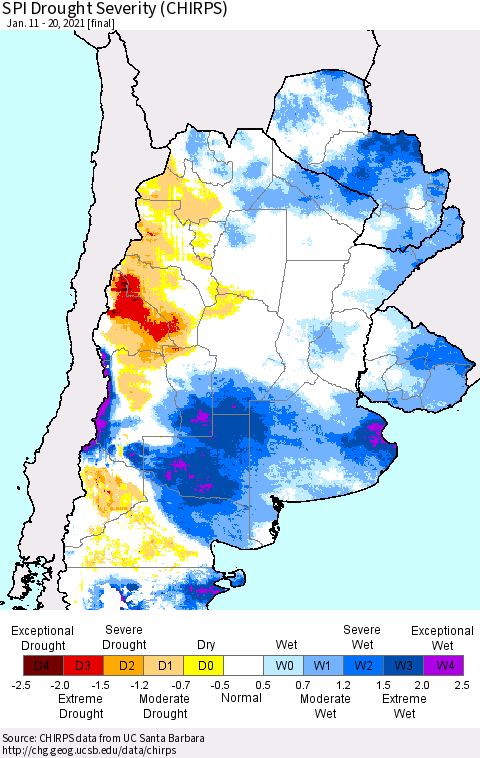 Southern South America SPI Drought Severity (CHIRPS) Thematic Map For 1/11/2021 - 1/20/2021