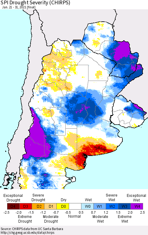 Southern South America SPI Drought Severity (CHIRPS) Thematic Map For 1/21/2021 - 1/31/2021