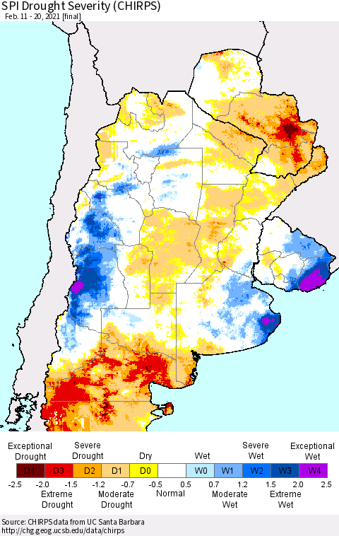 Southern South America SPI Drought Severity (CHIRPS) Thematic Map For 2/11/2021 - 2/20/2021