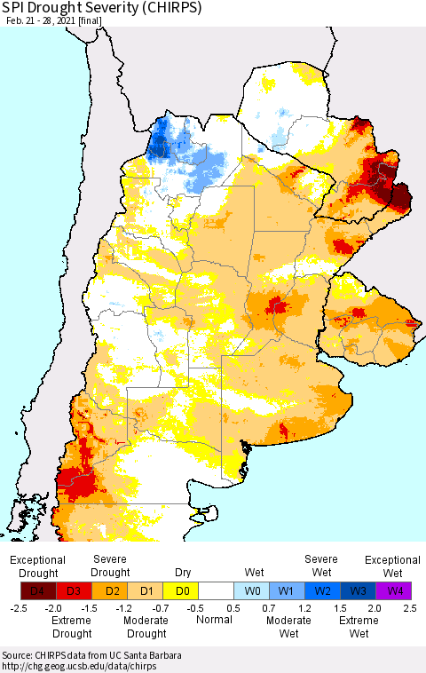 Southern South America SPI Drought Severity (CHIRPS) Thematic Map For 2/21/2021 - 2/28/2021