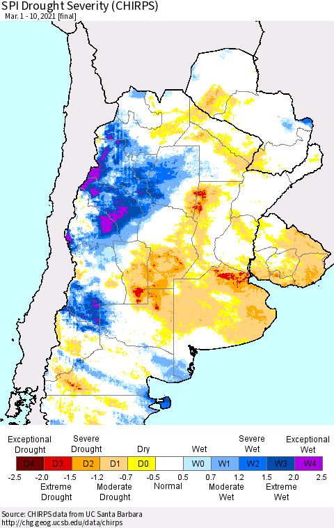 Southern South America SPI Drought Severity (CHIRPS) Thematic Map For 3/1/2021 - 3/10/2021