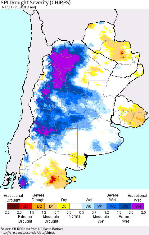 Southern South America SPI Drought Severity (CHIRPS) Thematic Map For 3/11/2021 - 3/20/2021