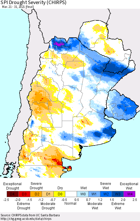 Southern South America SPI Drought Severity (CHIRPS) Thematic Map For 3/21/2021 - 3/31/2021
