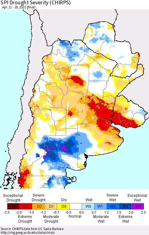 Southern South America SPI Drought Severity (CHIRPS) Thematic Map For 4/11/2021 - 4/20/2021