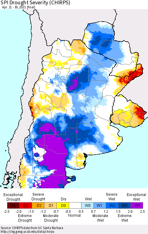Southern South America SPI Drought Severity (CHIRPS) Thematic Map For 4/21/2021 - 4/30/2021
