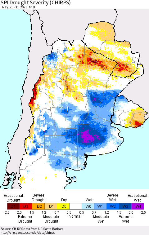 Southern South America SPI Drought Severity (CHIRPS) Thematic Map For 5/21/2021 - 5/31/2021