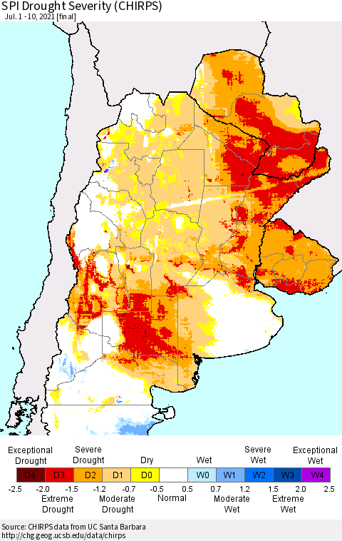 Southern South America SPI Drought Severity (CHIRPS) Thematic Map For 7/1/2021 - 7/10/2021
