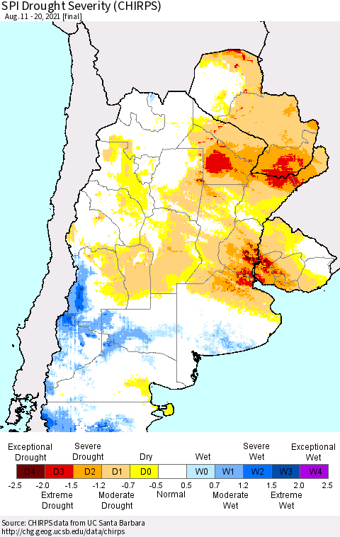Southern South America SPI Drought Severity (CHIRPS) Thematic Map For 8/11/2021 - 8/20/2021