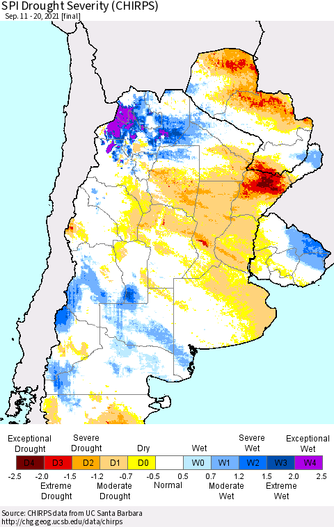 Southern South America SPI Drought Severity (CHIRPS) Thematic Map For 9/11/2021 - 9/20/2021