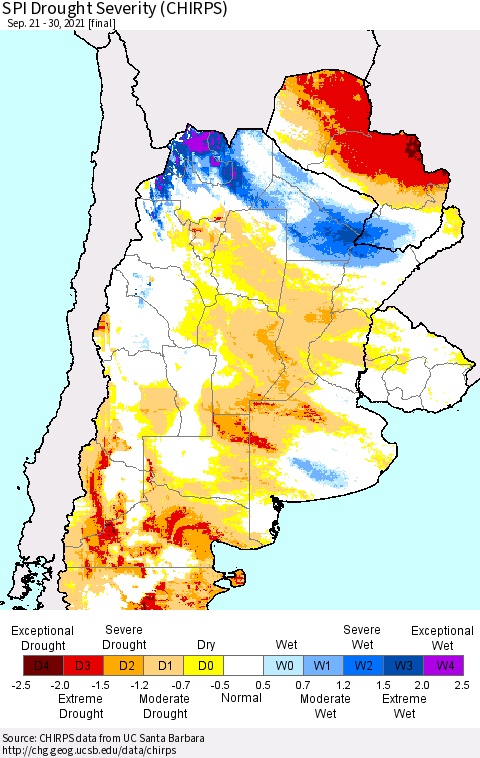 Southern South America SPI Drought Severity (CHIRPS) Thematic Map For 9/21/2021 - 9/30/2021