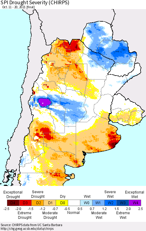 Southern South America SPI Drought Severity (CHIRPS) Thematic Map For 10/11/2021 - 10/20/2021